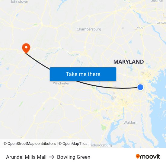 Arundel Mills Mall to Bowling Green map