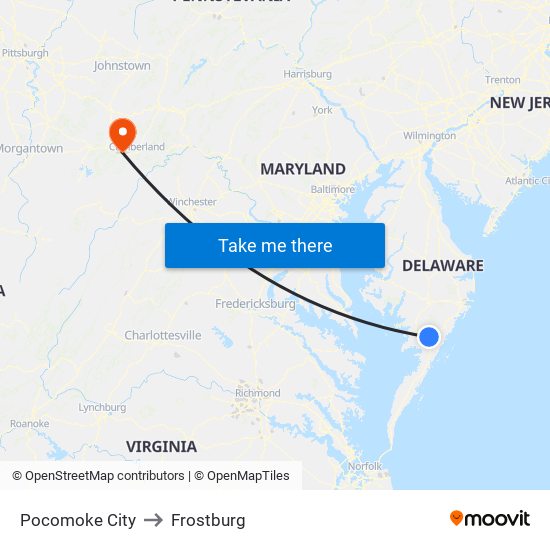 Pocomoke City to Frostburg map