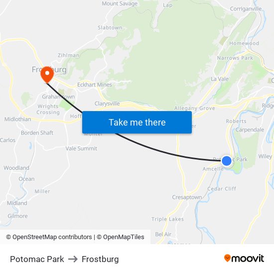 Potomac Park to Frostburg map