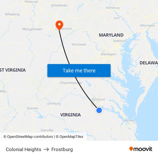 Colonial Heights to Frostburg map