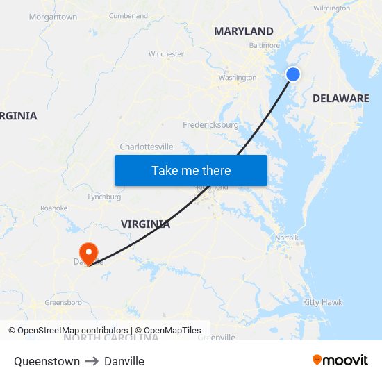 Queenstown to Danville map