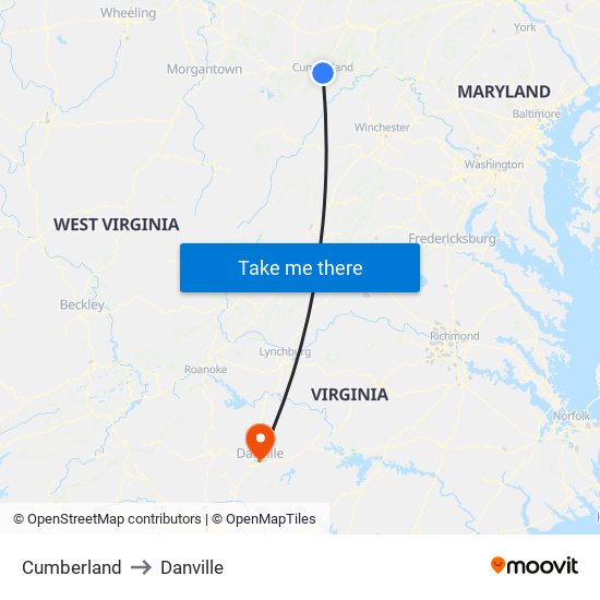 Cumberland to Danville map