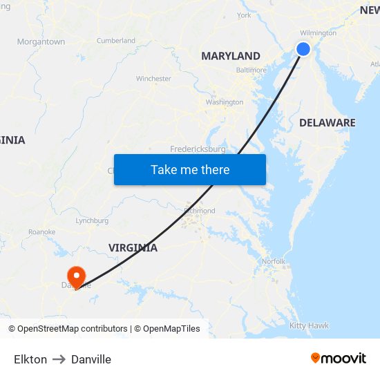 Elkton to Danville map