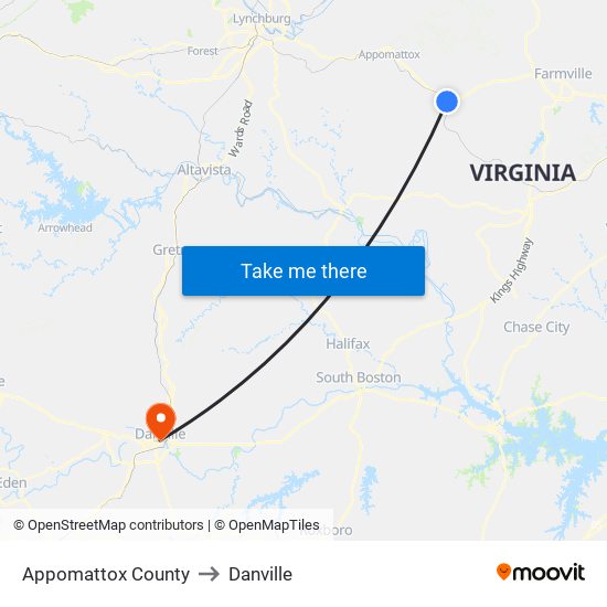 Appomattox County to Danville map