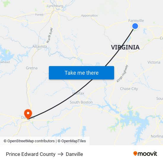 Prince Edward County to Danville map