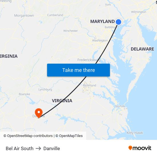 Bel Air South to Danville map