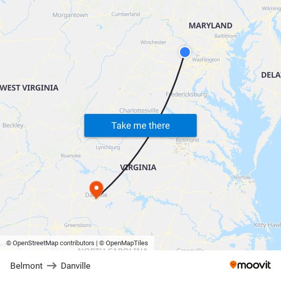 Belmont to Danville map