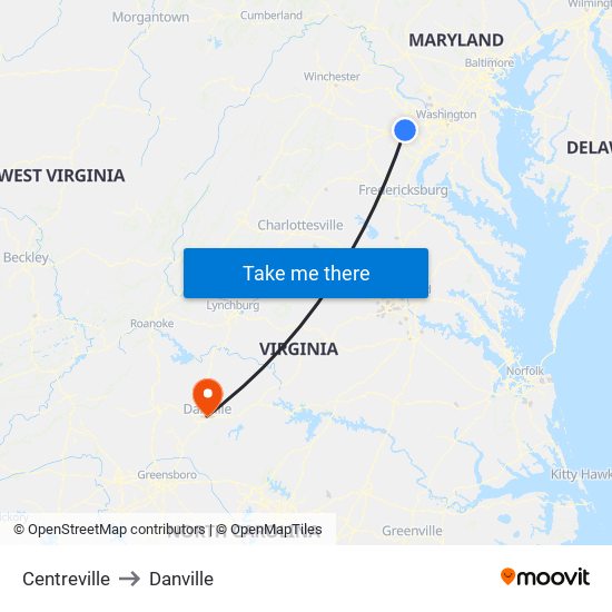 Centreville to Danville map