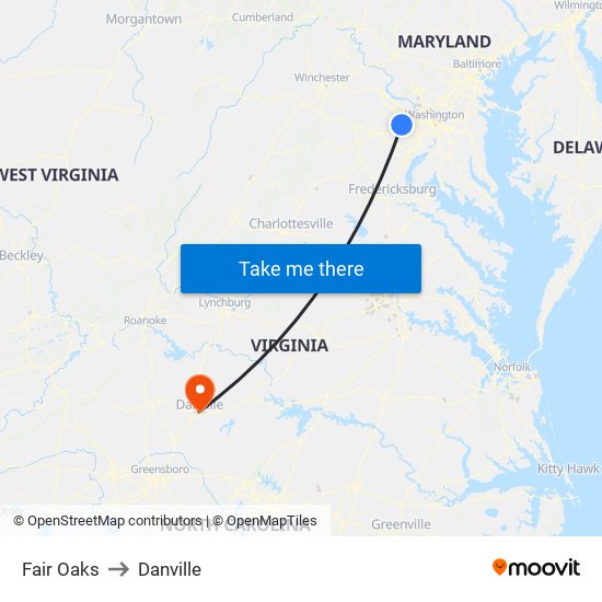 Fair Oaks to Danville map