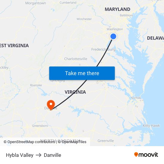 Hybla Valley to Danville map