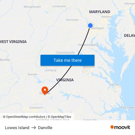 Lowes Island to Danville map