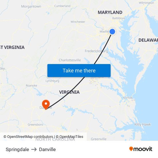 Springdale to Danville map