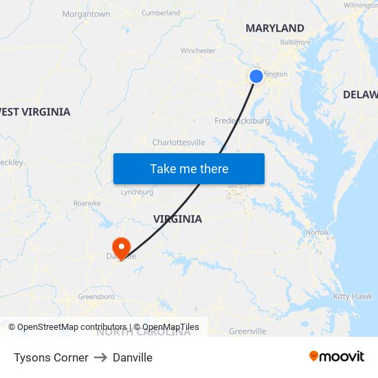 Tysons Corner to Danville map