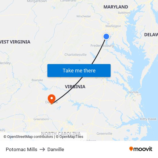 Potomac Mills to Danville map