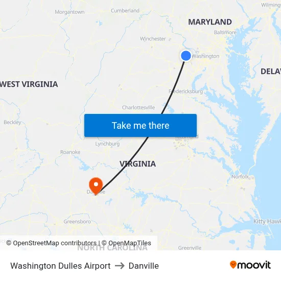 Washington Dulles Airport to Danville map
