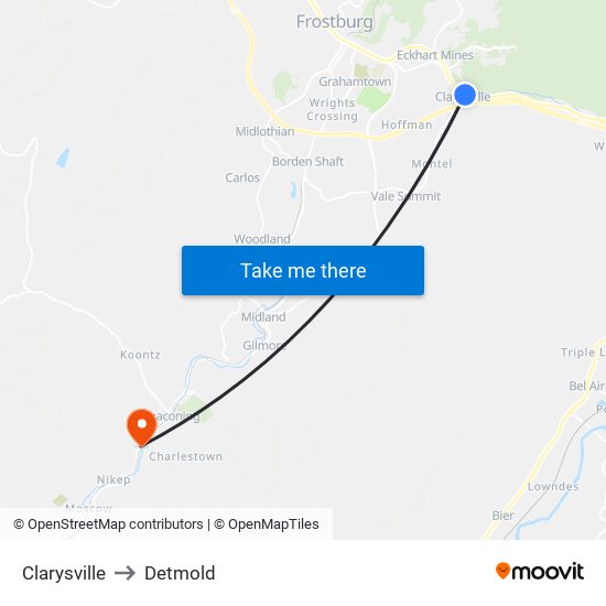 Clarysville to Detmold map