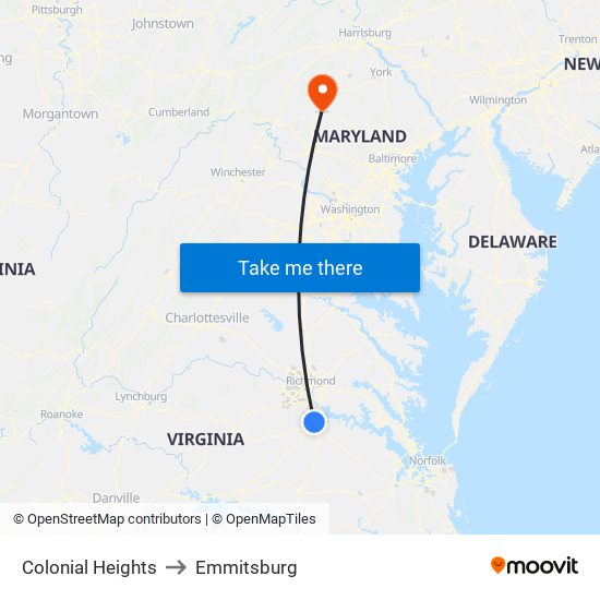 Colonial Heights to Emmitsburg map