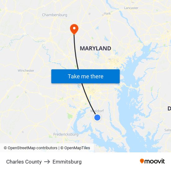 Charles County to Emmitsburg map
