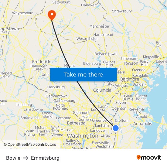 Bowie to Emmitsburg map