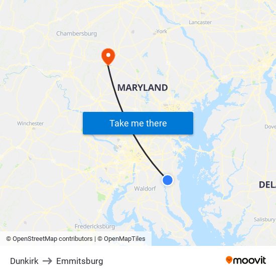 Dunkirk to Emmitsburg map