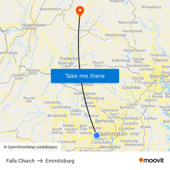 Falls Church to Emmitsburg map