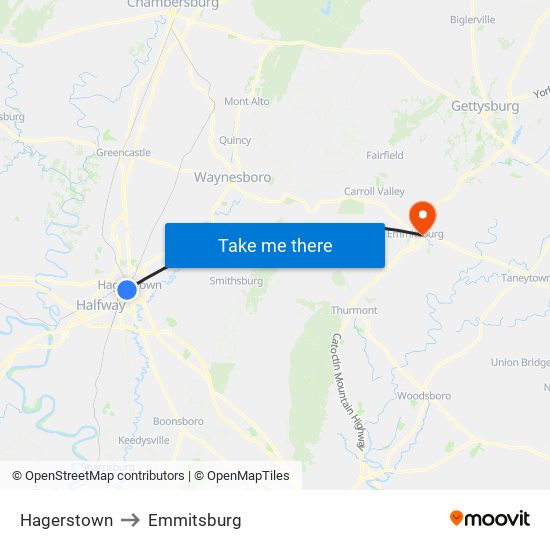 Hagerstown to Emmitsburg map