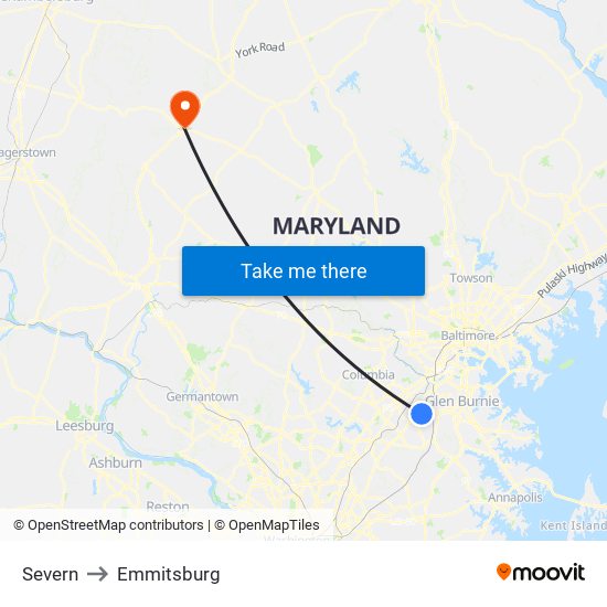 Severn to Emmitsburg map