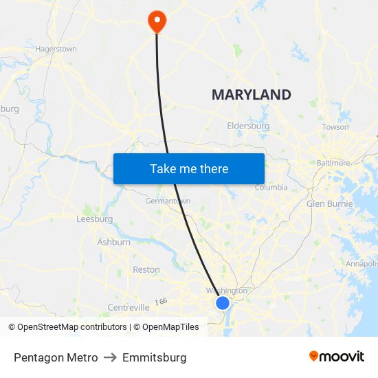 Pentagon Metro to Emmitsburg map