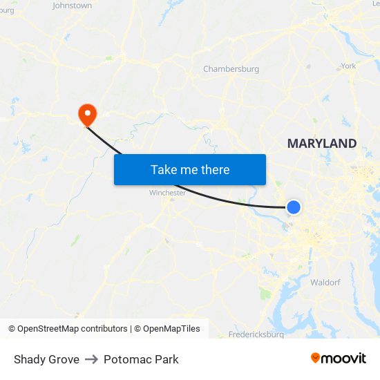 Shady Grove to Potomac Park map