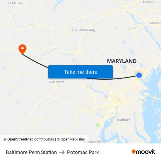 Baltimore Penn Station to Potomac Park map