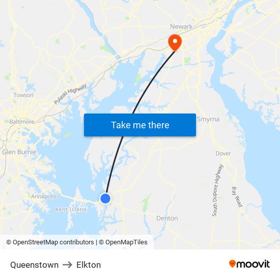 Queenstown to Elkton map