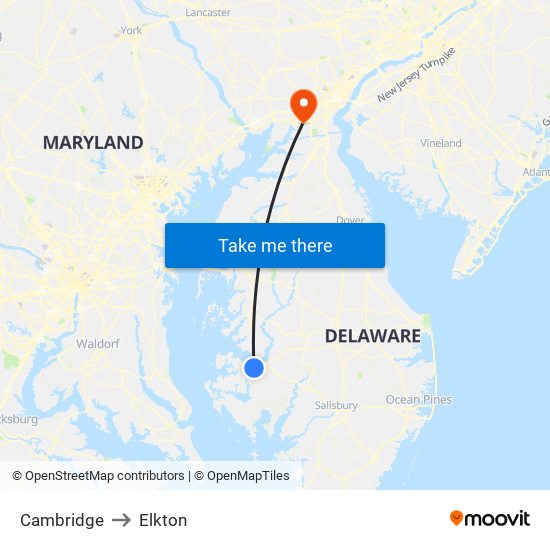 Cambridge to Elkton map