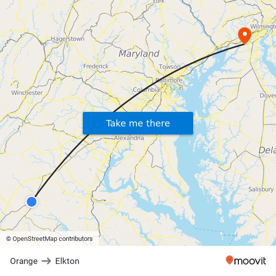 Orange to Elkton map