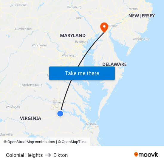 Colonial Heights to Elkton map