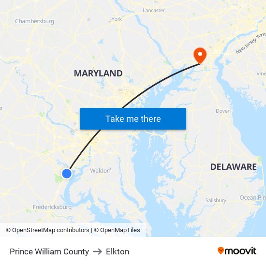 Prince William County to Elkton map