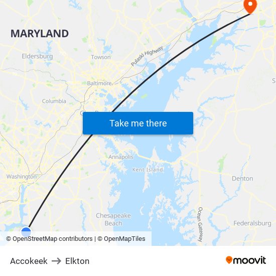 Accokeek to Elkton map