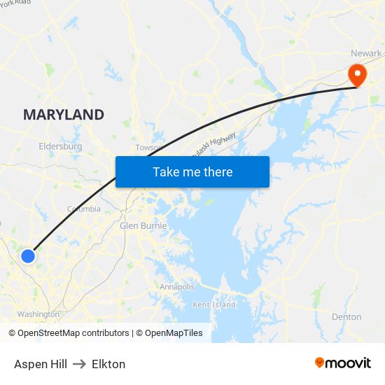 Aspen Hill to Elkton map