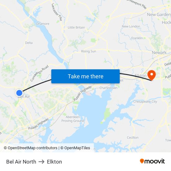 Bel Air North to Elkton map