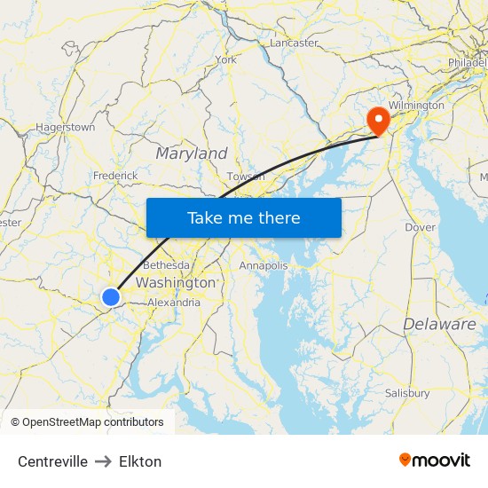 Centreville to Elkton map