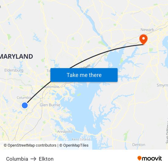 Columbia to Elkton map