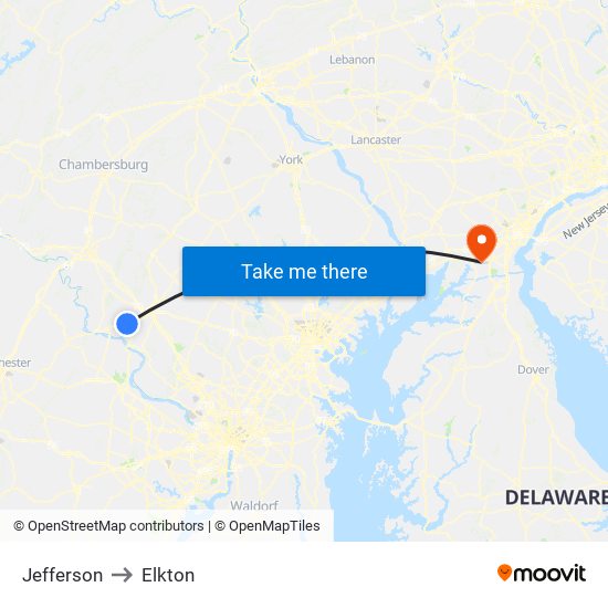 Jefferson to Elkton map