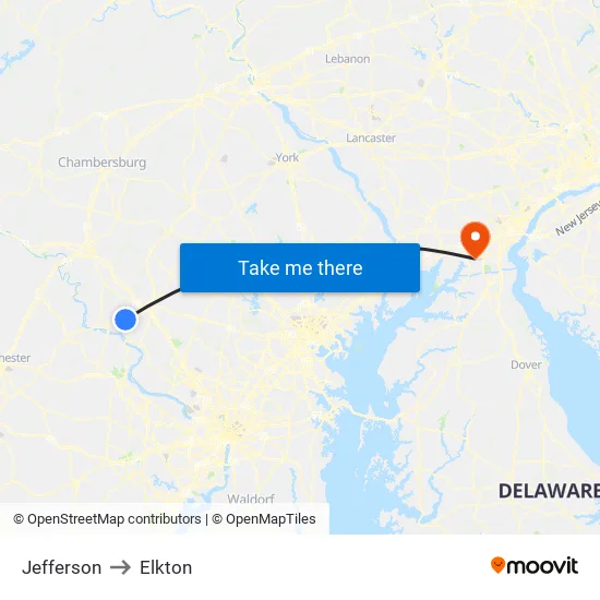 Jefferson to Elkton map