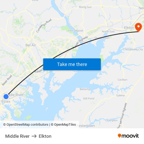 Middle River to Elkton map