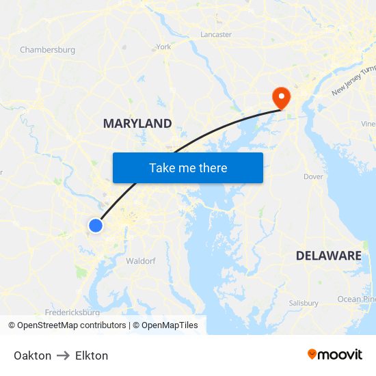 Oakton to Elkton map