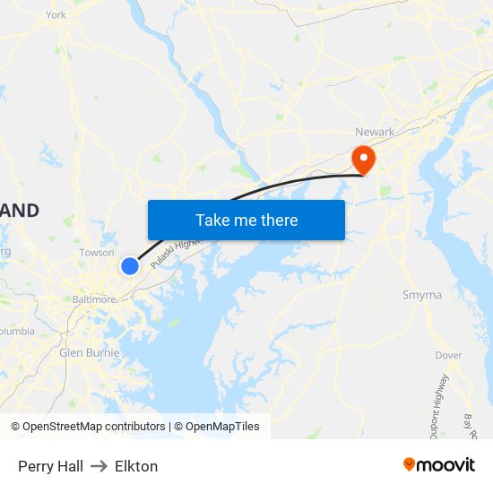 Perry Hall to Elkton map