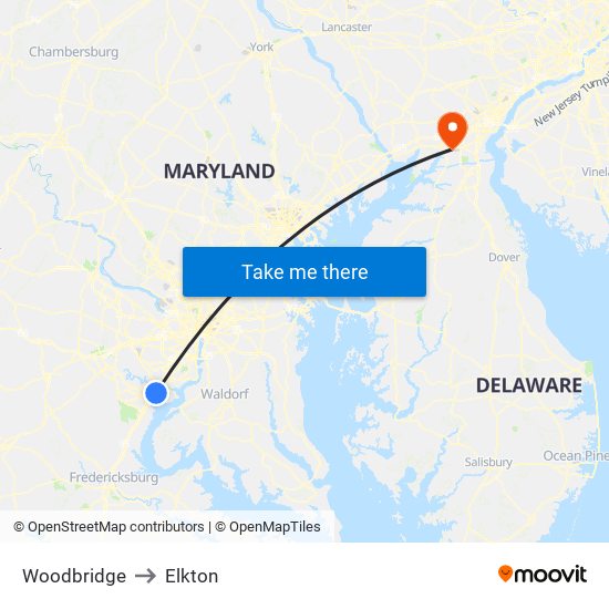 Woodbridge to Elkton map