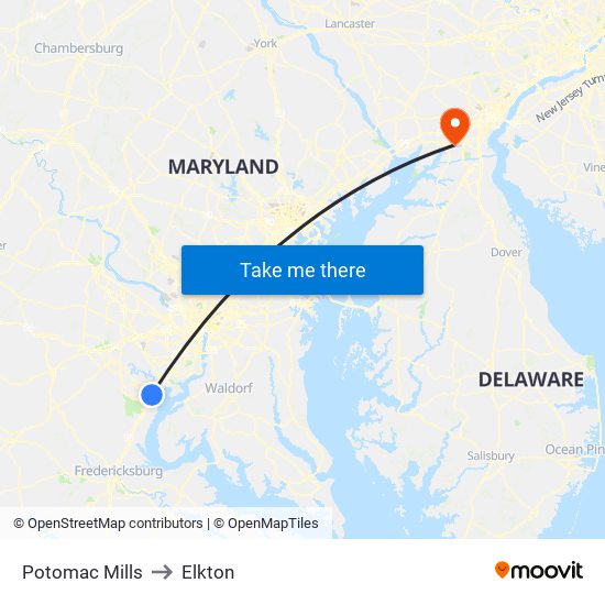 Potomac Mills to Elkton map