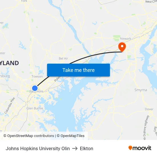 Johns Hopkins University Olin to Elkton map