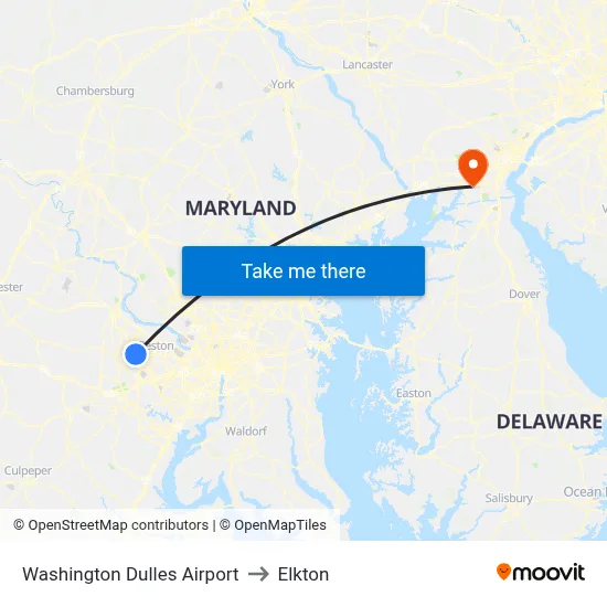 Washington Dulles Airport to Elkton map
