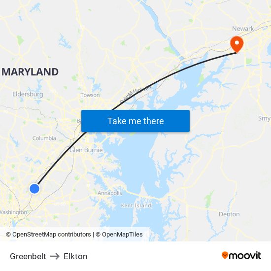 Greenbelt to Elkton map